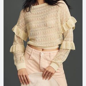 NWT By Anthropologie Sheer Open-Stitch Ruffle
Pullover Sweater